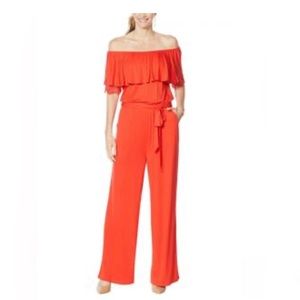 Colleen Lopez Off Shoulder, with lace, jersey knit Jumpsuit, Poppy Red, M